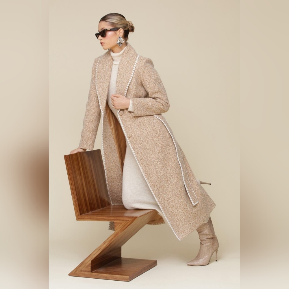 Avec Les Filles Blanket Stitch Coat CAMEL MELANGE, Size Small